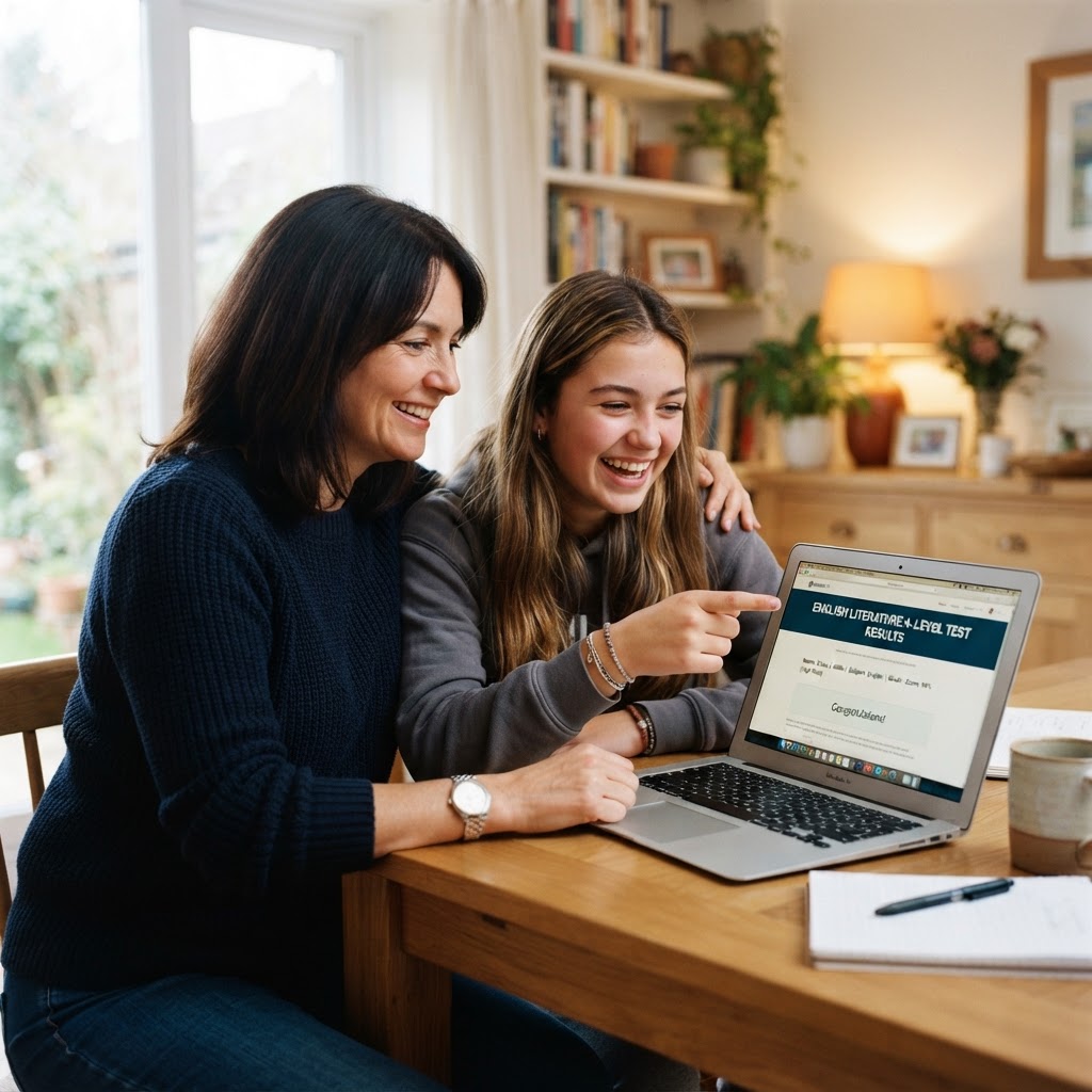 A parent and student reviewing English test progress together