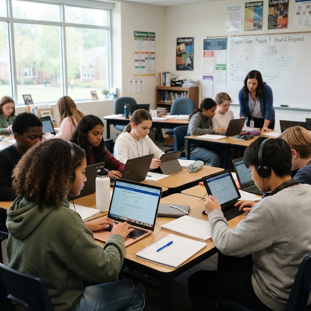 Students taking the LingoTest English exam on laptops and tablets in a classroom
