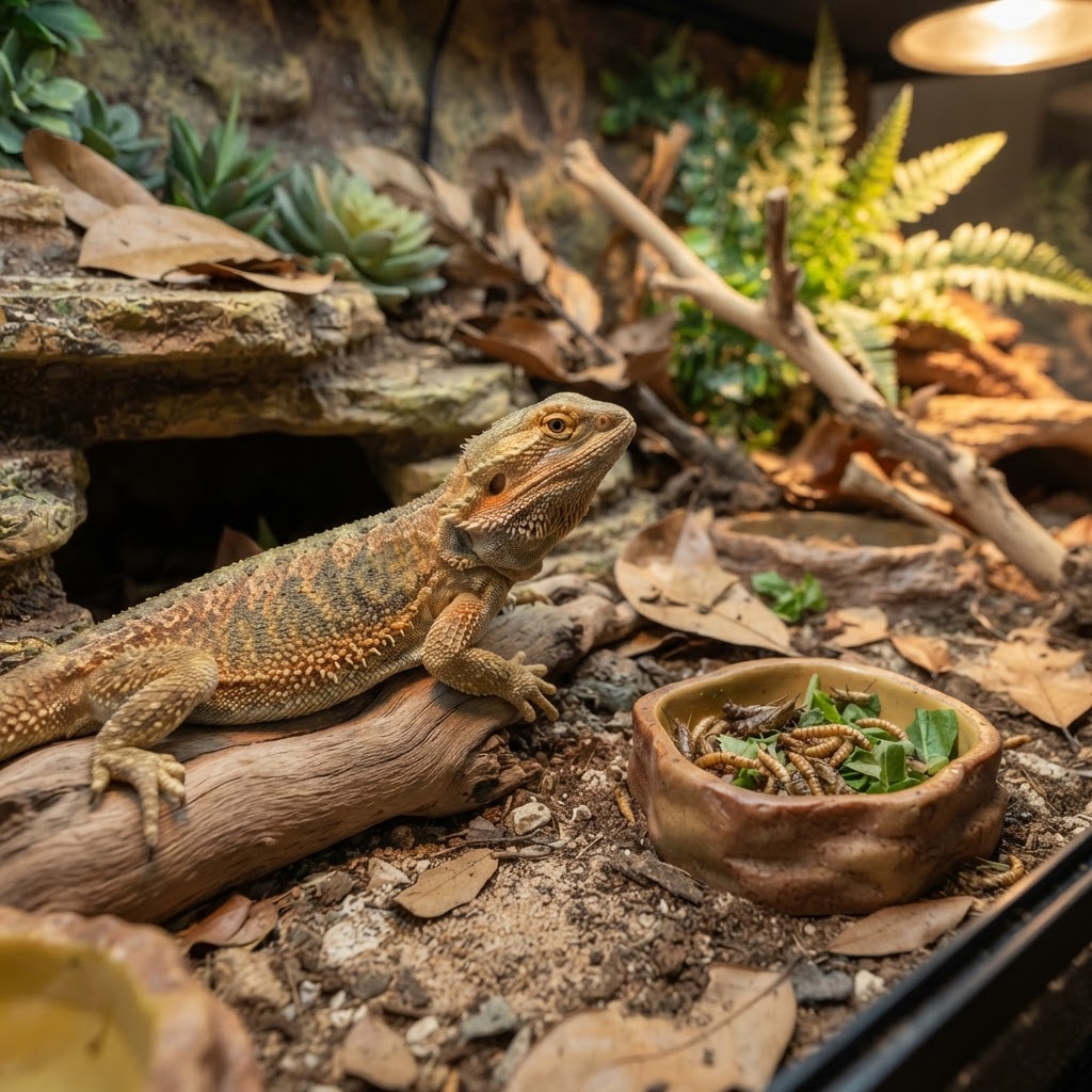 A bearded dragon sitting still in its terrarium with a bowl of uneaten insects nearby
