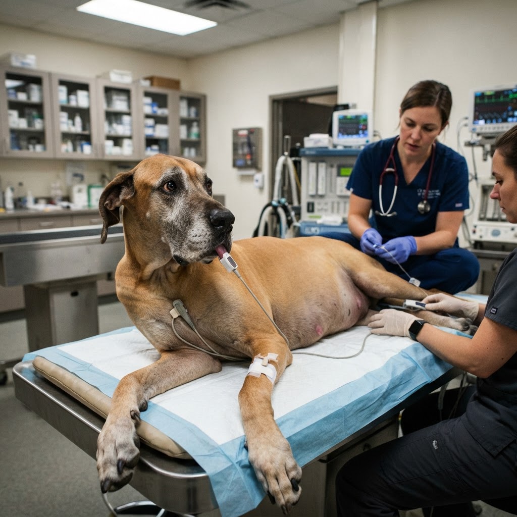 A large dog with a visibly distended abdomen lying distressed