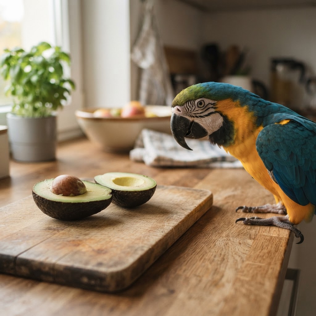 A halved avocado on a cutting board with a curious parrot nearby