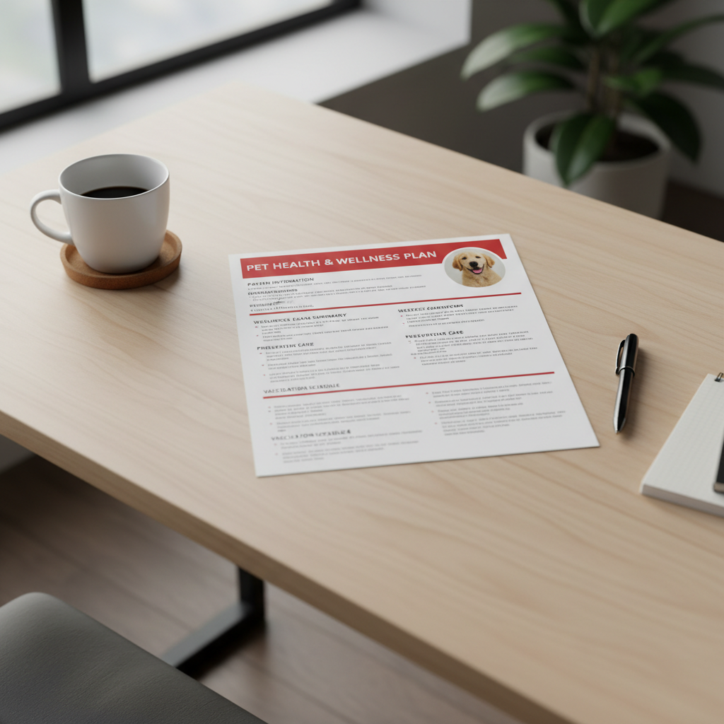 Printed preventive health plan report on a desk