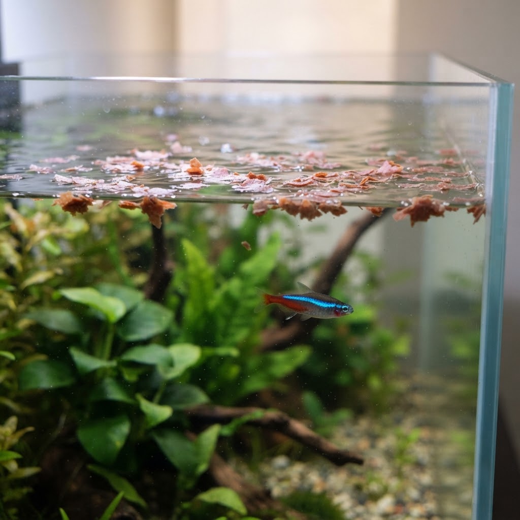 Fish food flakes floating uneaten on the surface with a fish hovering nearby