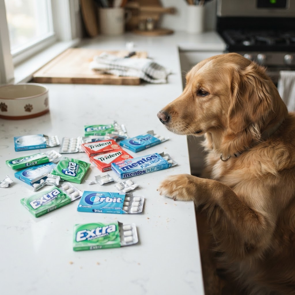 Packs of sugar-free gum scattered on a countertop near a dog