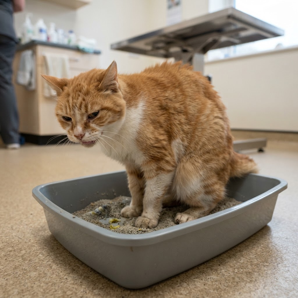 A male cat straining in a litter box showing urinary distress
