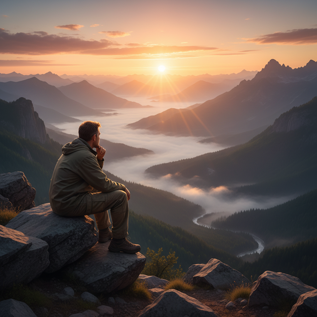 Rich overlooking a valley at sunrise