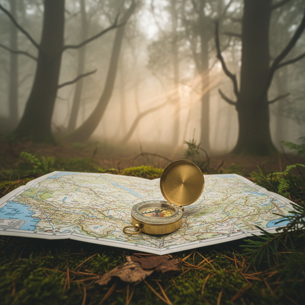 Misty forest with compass on OS map