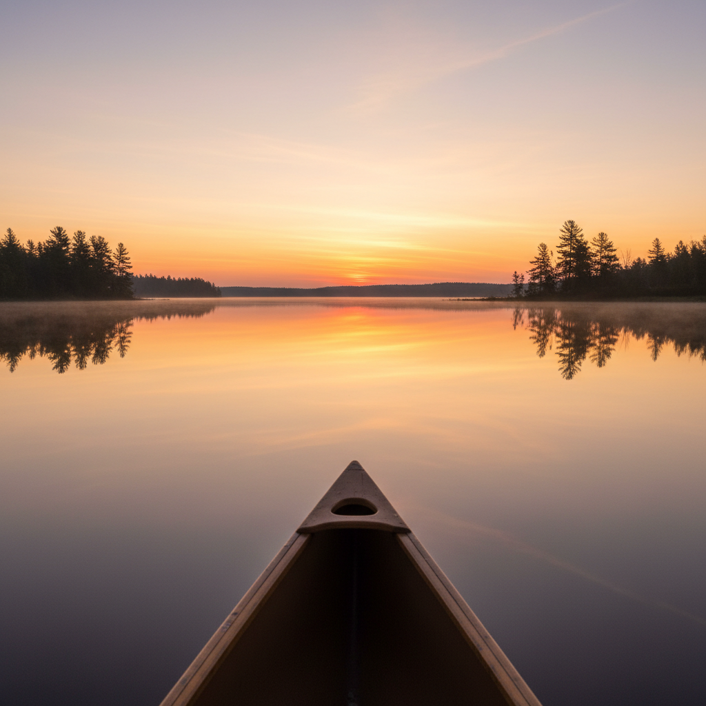 Canoe on still water at dawn