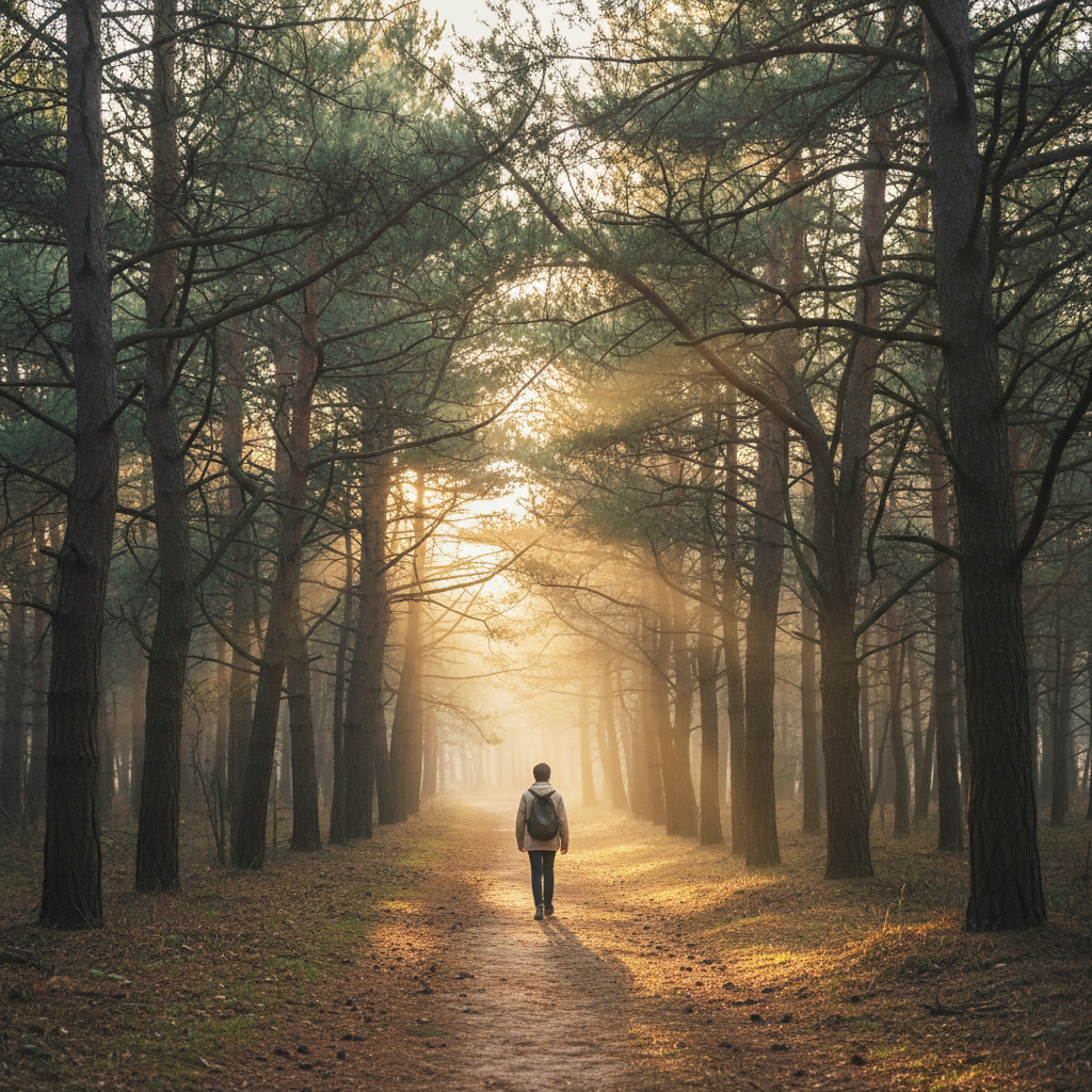 Young person walking on woodland path
