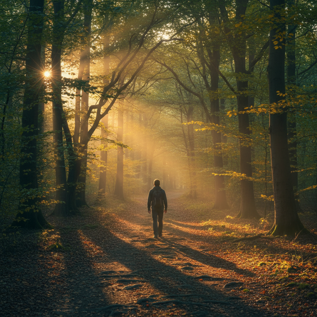 Woodland walk at sunrise