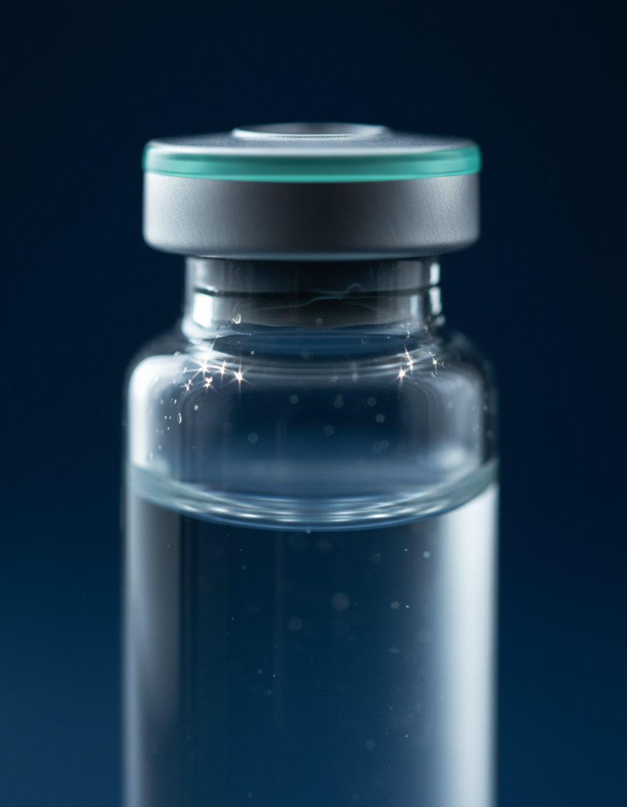 Sterile glass research vial in teal laboratory lighting