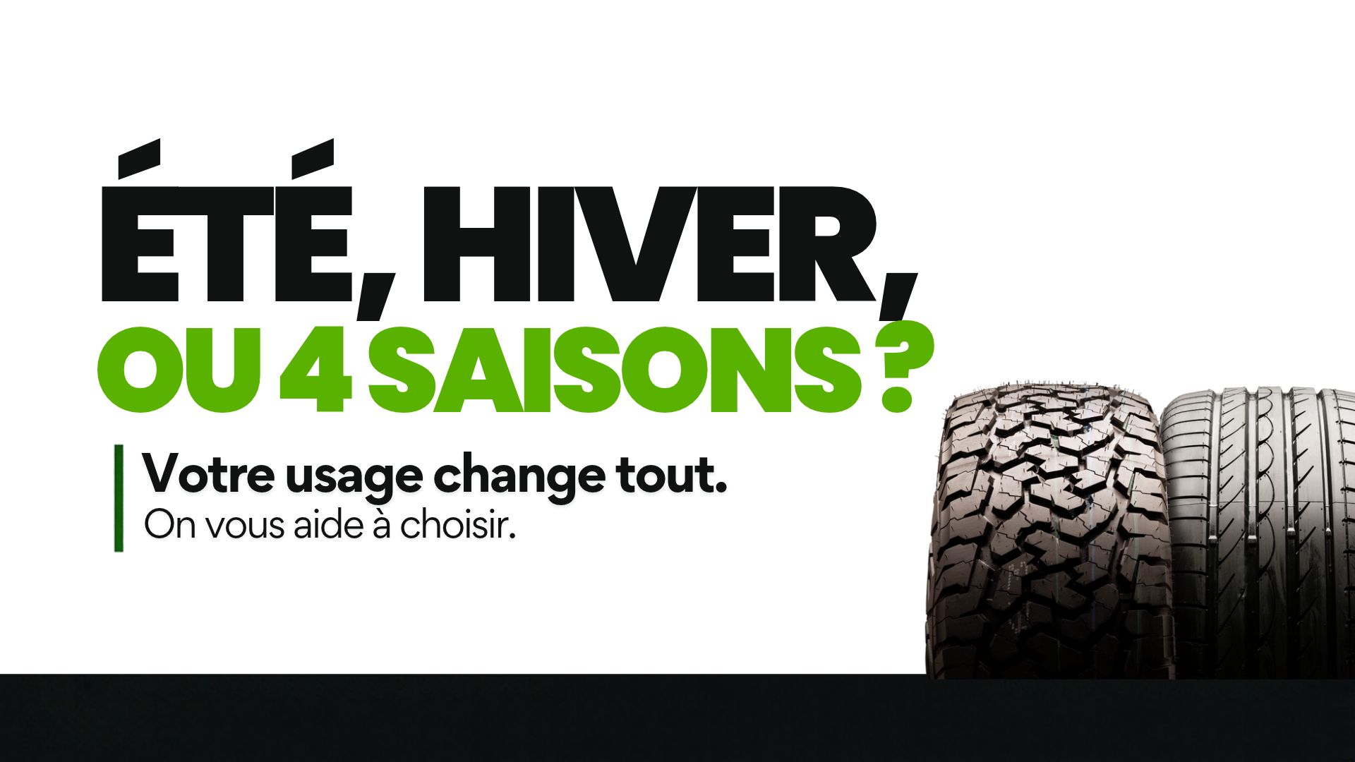 Pneu tout-terrain et pneu route côte à côte, pour illustrer le choix entre pneus été, hiver et 4 saisons
