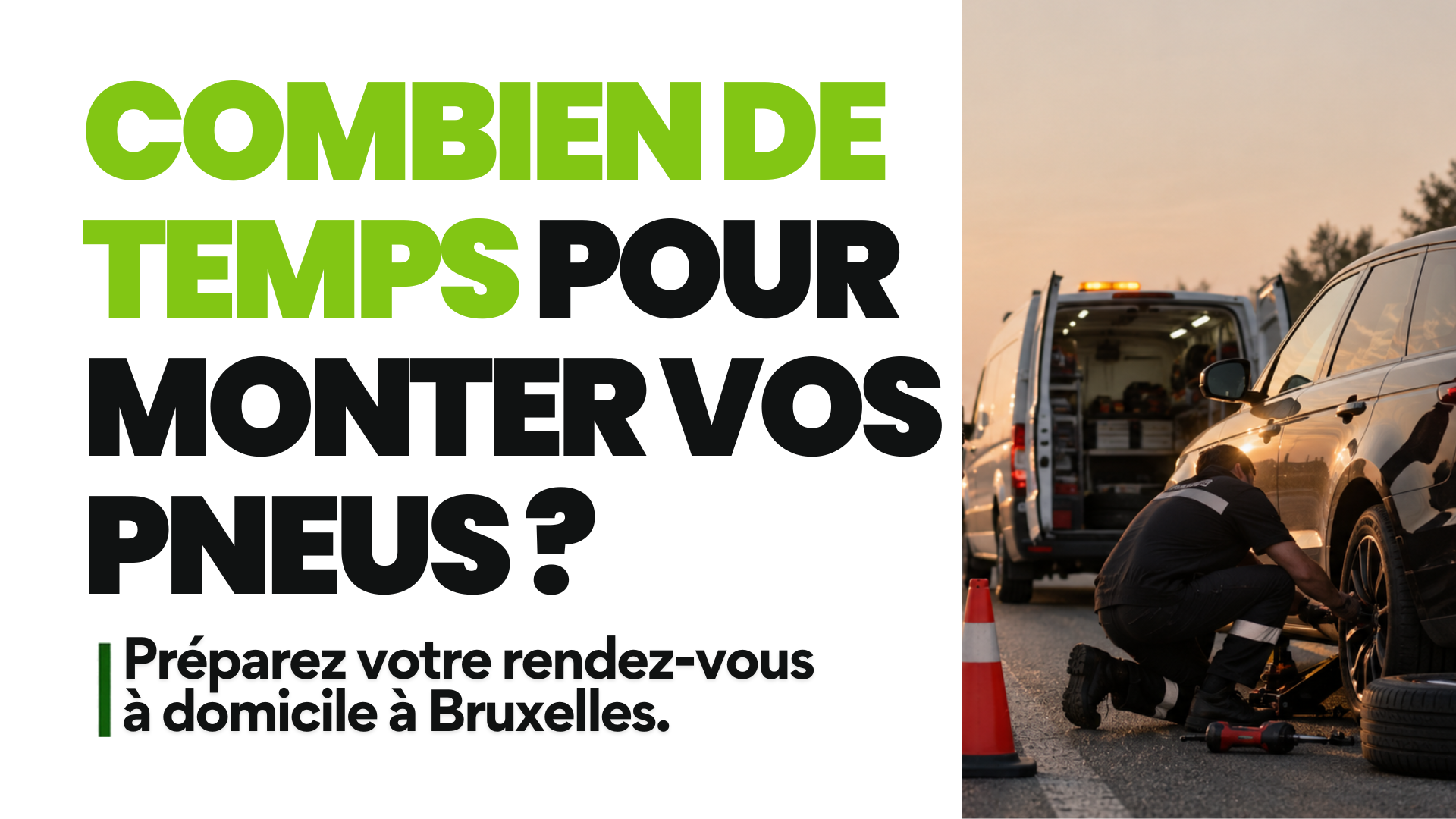 Technicien agenouillé près de la roue avant d’une voiture noire, avec la camionnette d’intervention ouverte en arrière-plan et un cône de signalisation au premier plan