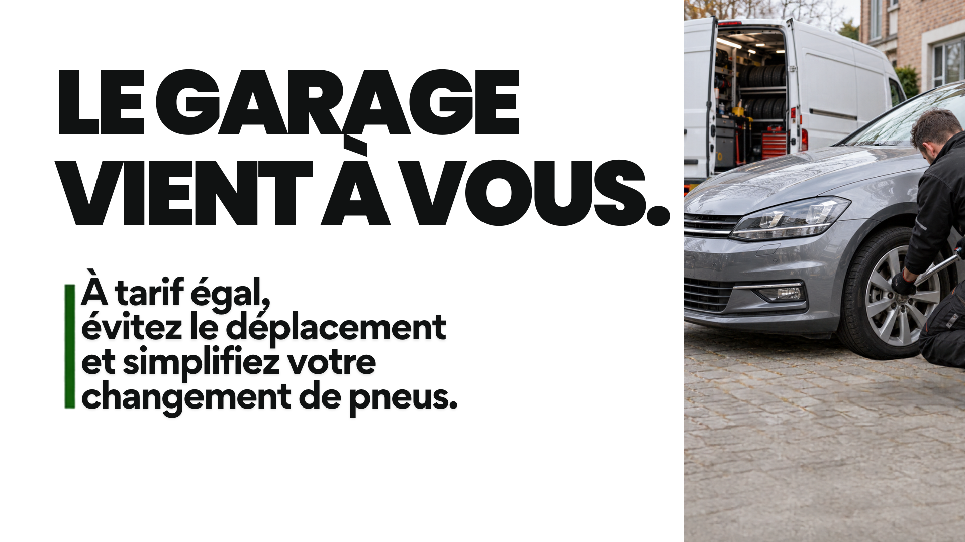 Visuel « Le garage vient à vous » avec un technicien MarketPneus qui serre une roue au couple devant son véhicule d’intervention