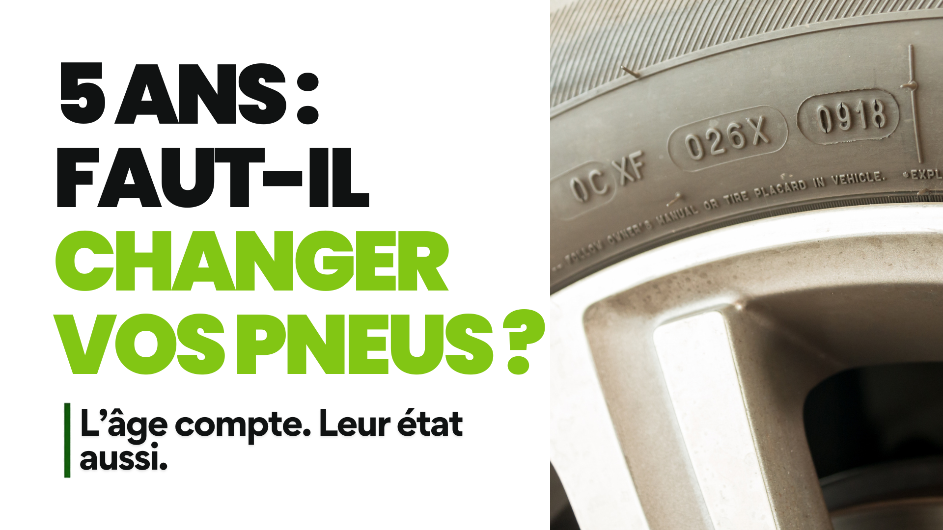 Flanc de pneu avec le code de date visible dans un ovale, à côté de la jante