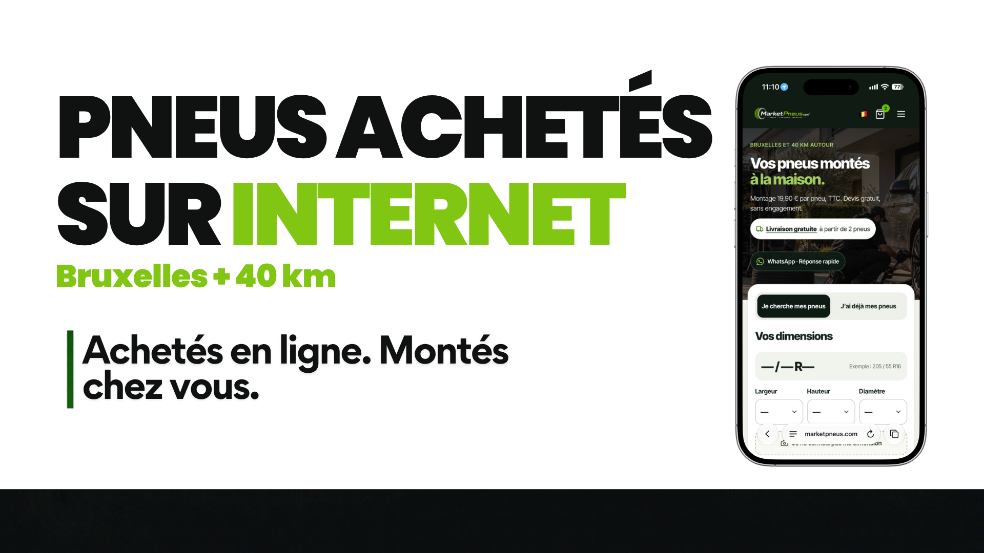 Visuel « Pneus achetés sur Internet » avec une capture du site MarketPneus sur smartphone
