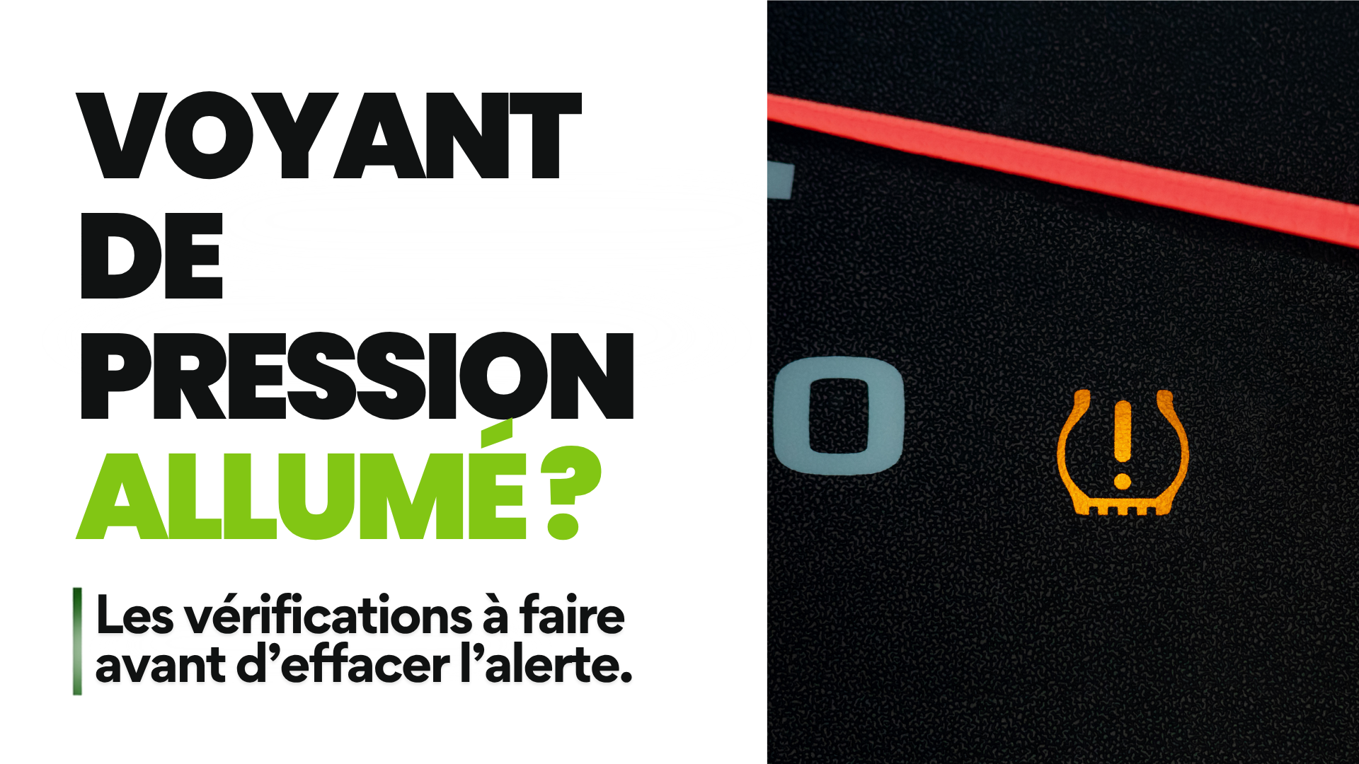 Voyant orange de pression des pneus allumé sur un tableau de bord sombre, avec l’aiguille d’un compteur en arrière-plan