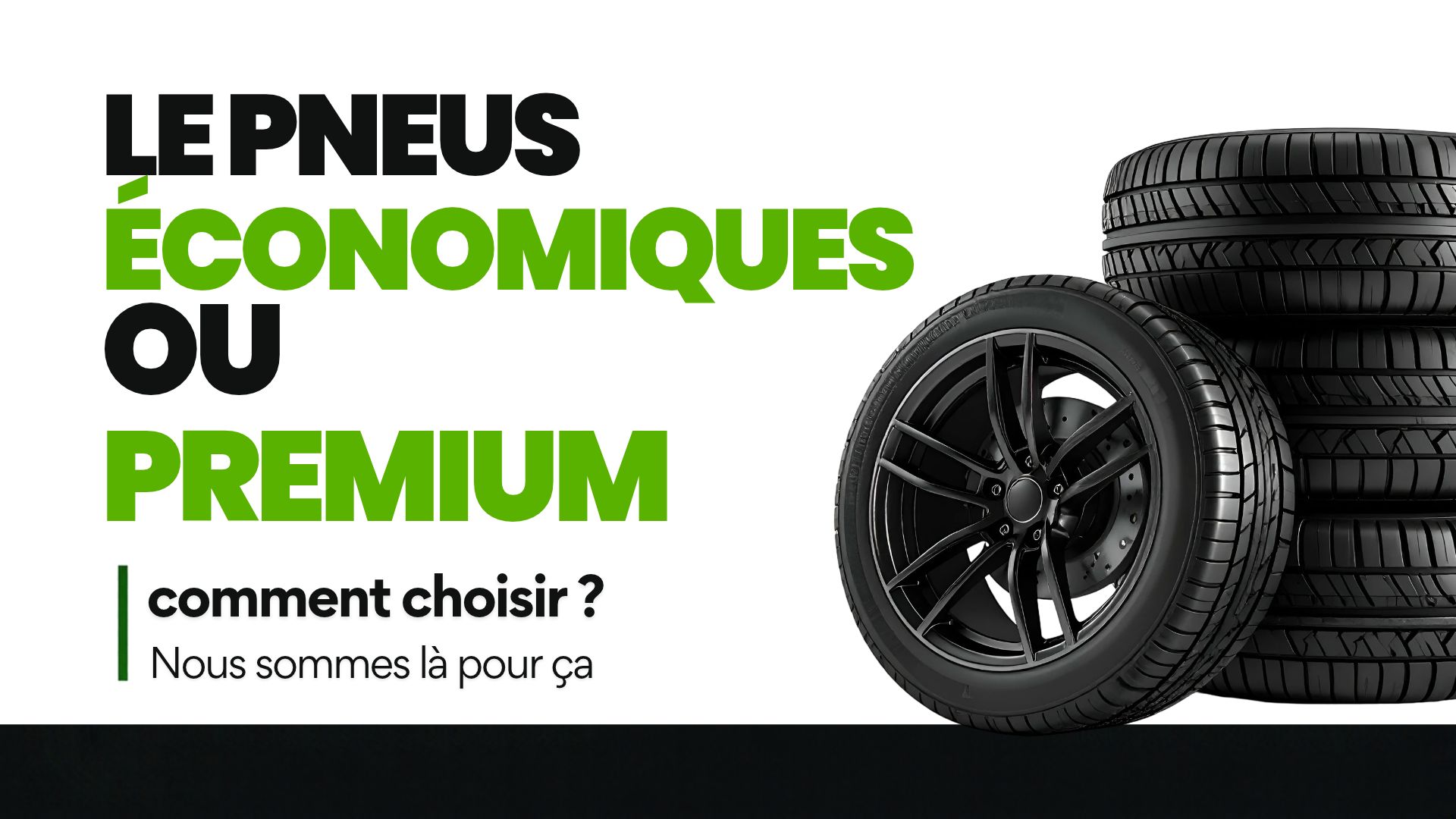 Bandeau « Pneus économiques ou premium, comment choisir ? » avec une pile de trois pneus neufs sur jantes