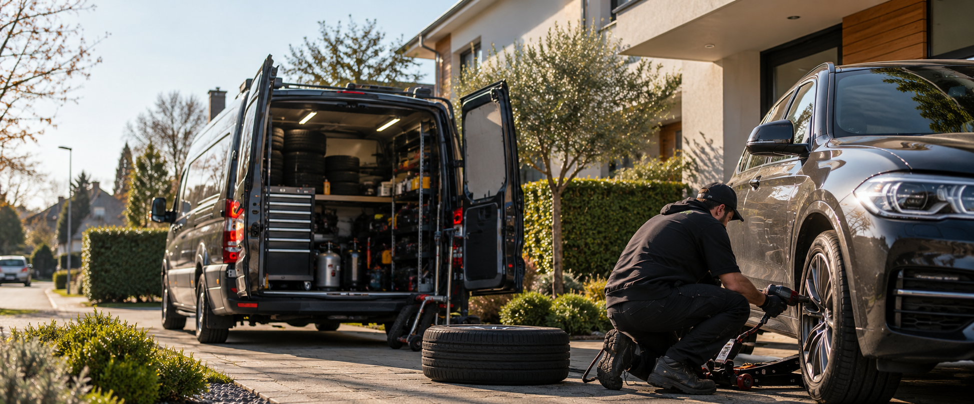 Un monteur MarketPneus intervient dans la rue avec son camion équipé