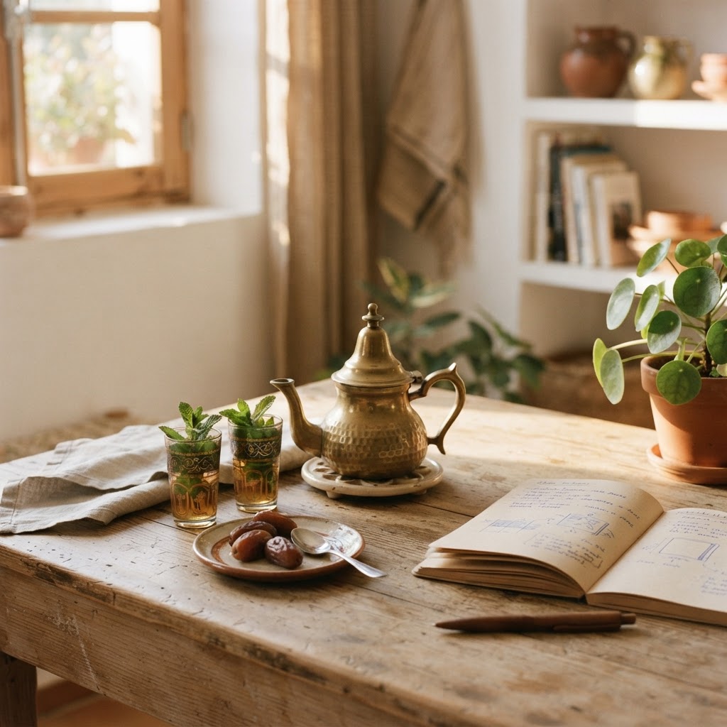 Table de partage : thé à la menthe, dattes et carnet — un moment d'échange