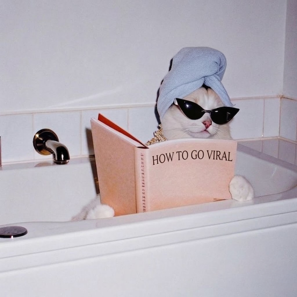 A cat reading 'How to go viral' in a bathtub