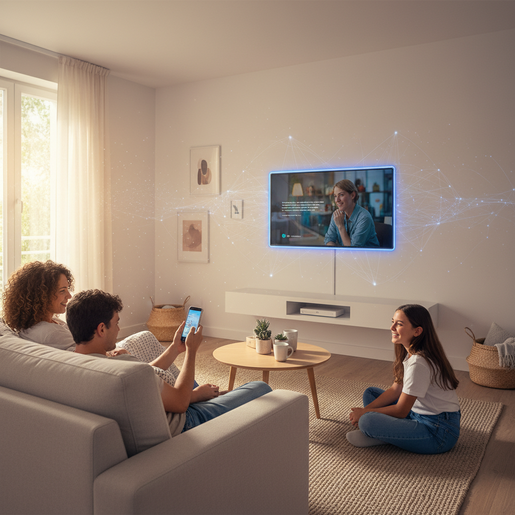 Família conectada em casa com internet fibra óptica, televisão e celular usando os Combos Express Provedor