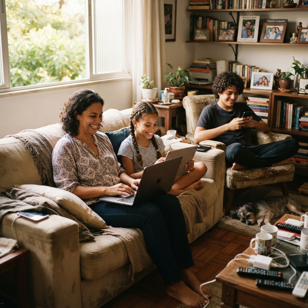 Família brasileira aproveitando a internet fibra óptica em casa