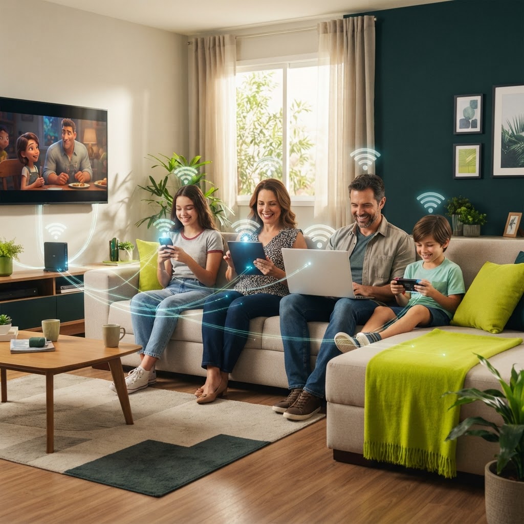 Família utilizando internet, TV, celular e notebook
