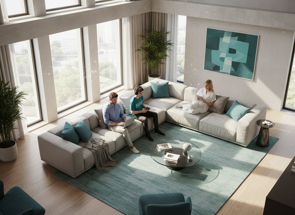 Família conectada usando internet fibra óptica em casa moderna