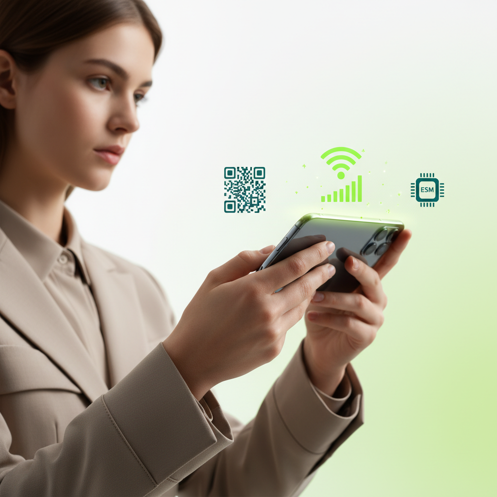 Pessoa utilizando smartphone moderno com eSIM Express Provedor, com elementos gráficos de QR Code, sinal de rede e conexão móvel