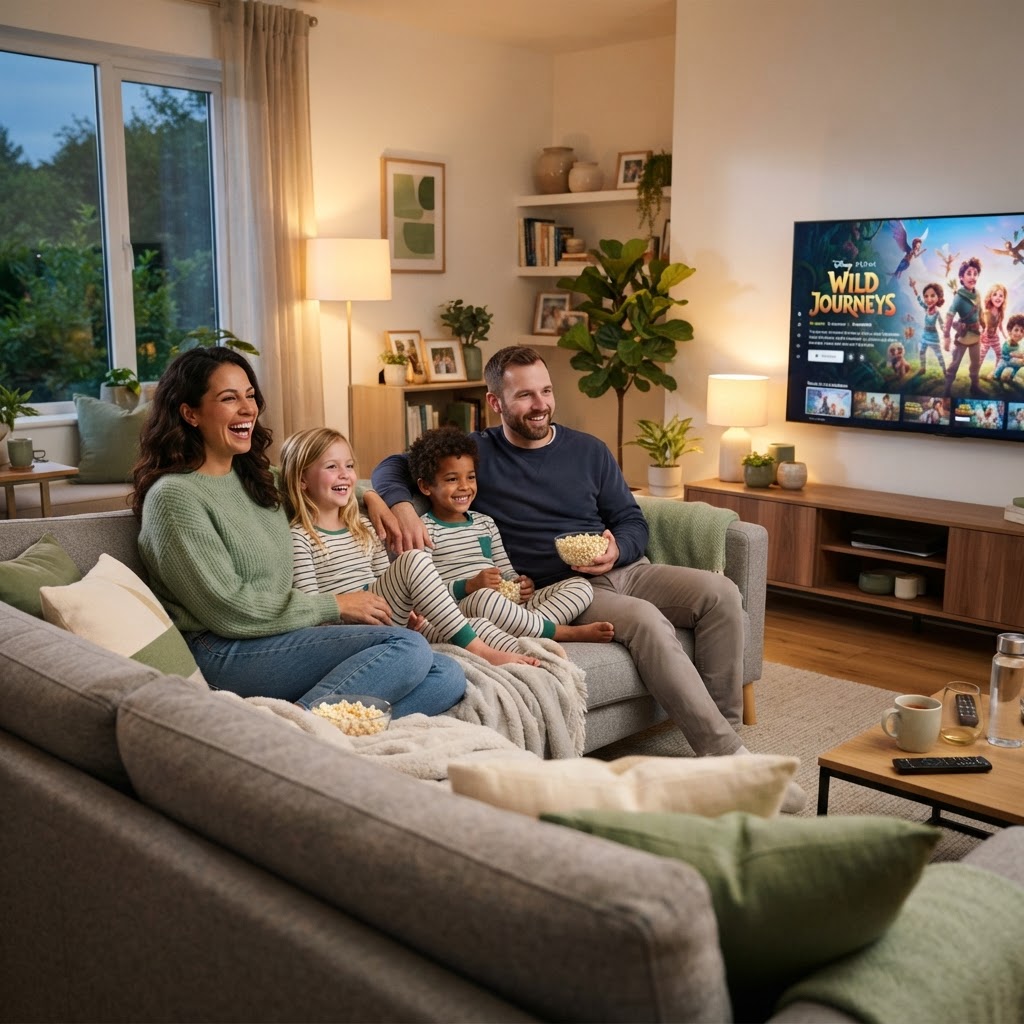Família assistindo TV em sala moderna com Wi-Fi