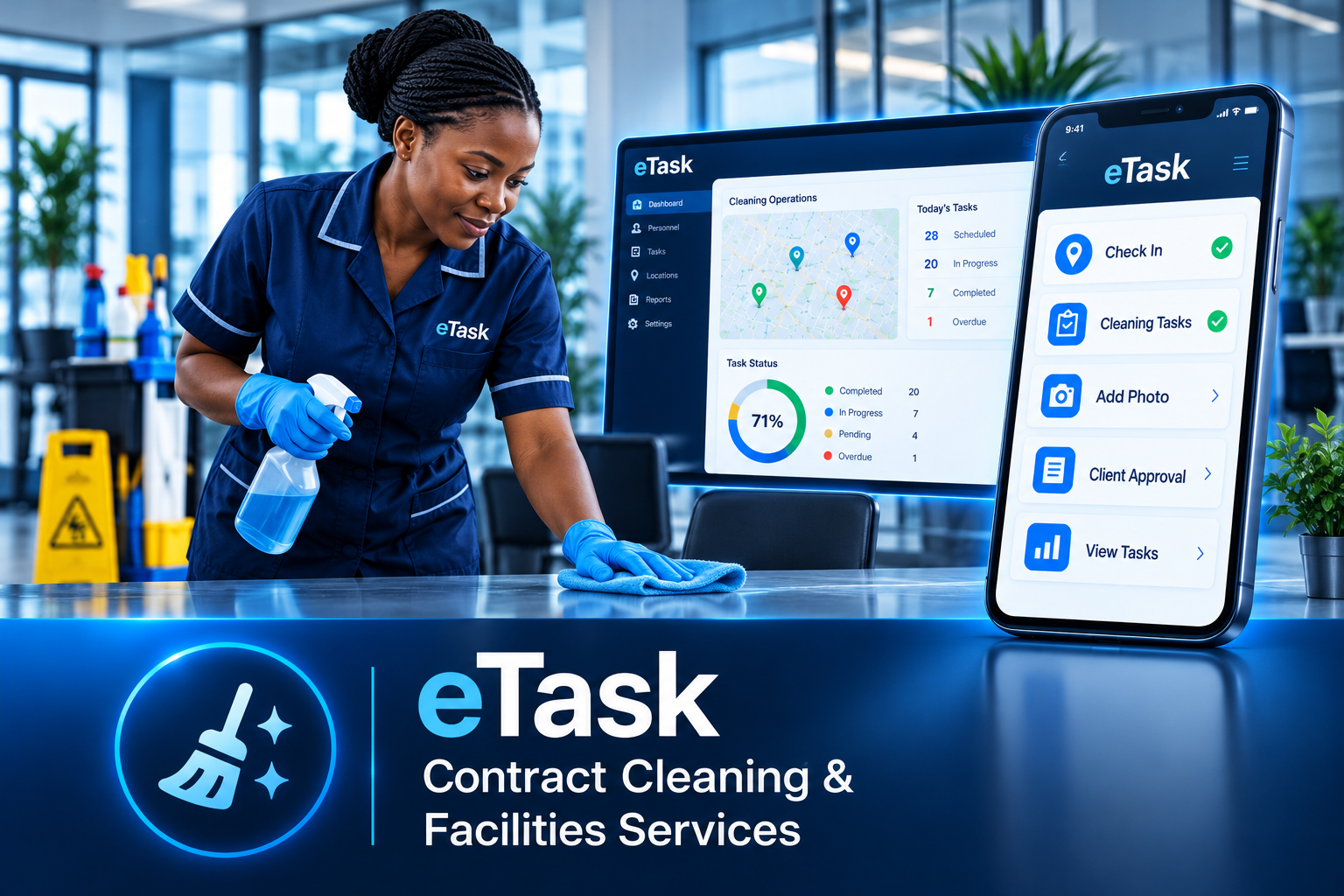 eTask contract cleaning workforce management — cleaning professional using the eTask app alongside the cleaning operations dashboard