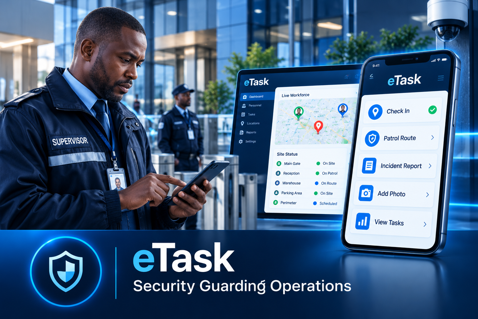 eTask security guard workforce management — supervisor using the eTask mobile app alongside the live guard attendance dashboard