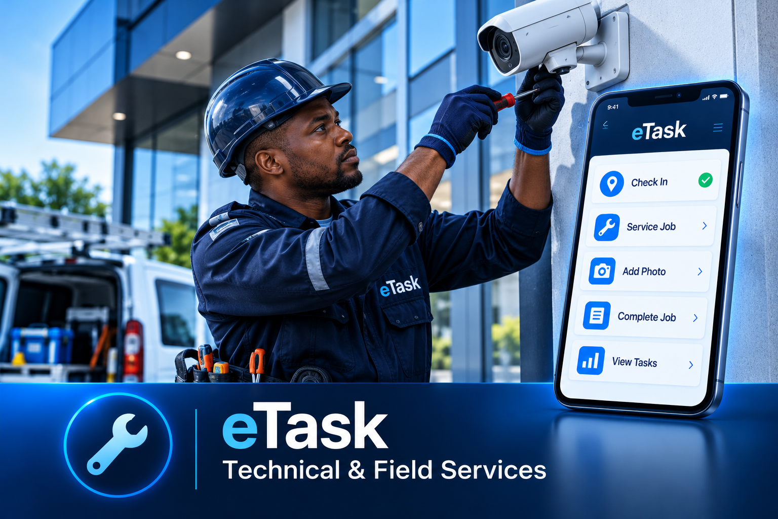 eTask field service technician management — technician servicing a security camera while using the eTask mobile app