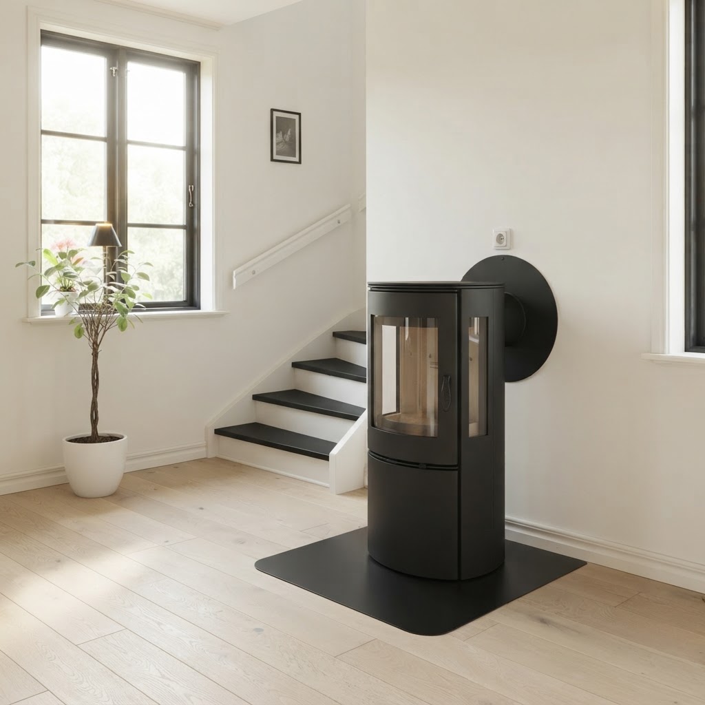 Ljust skandinaviskt vardagsrum med kamin