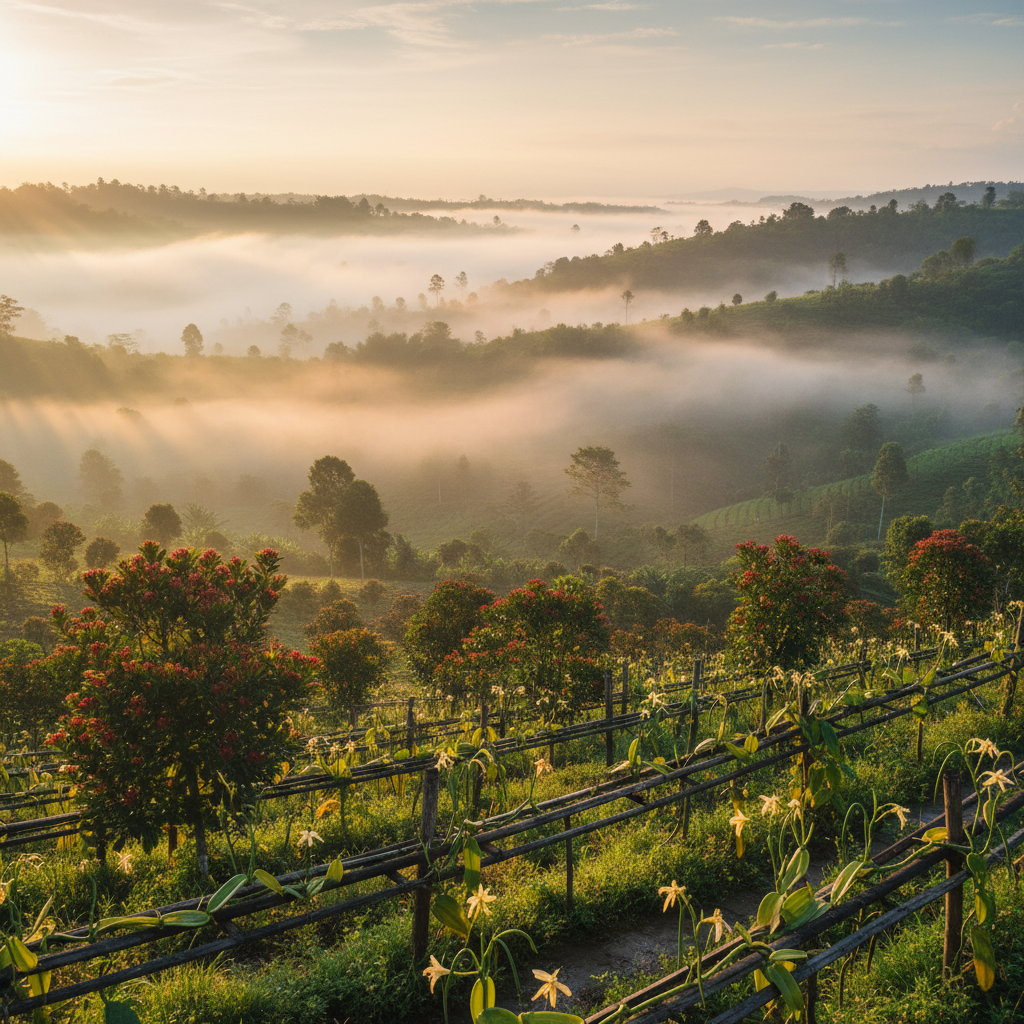 Indonesian spice plantation at dawn