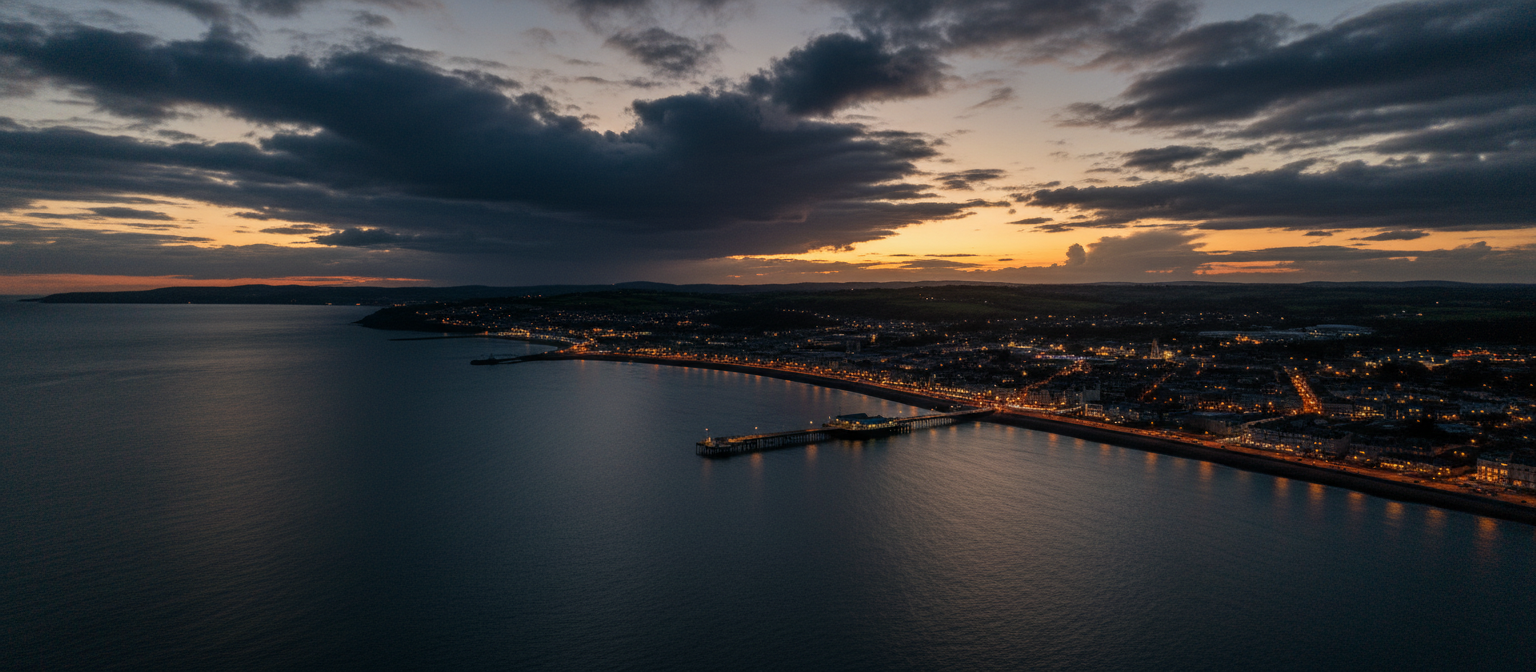 Aerial view of Aberystwyth coastline at dusk