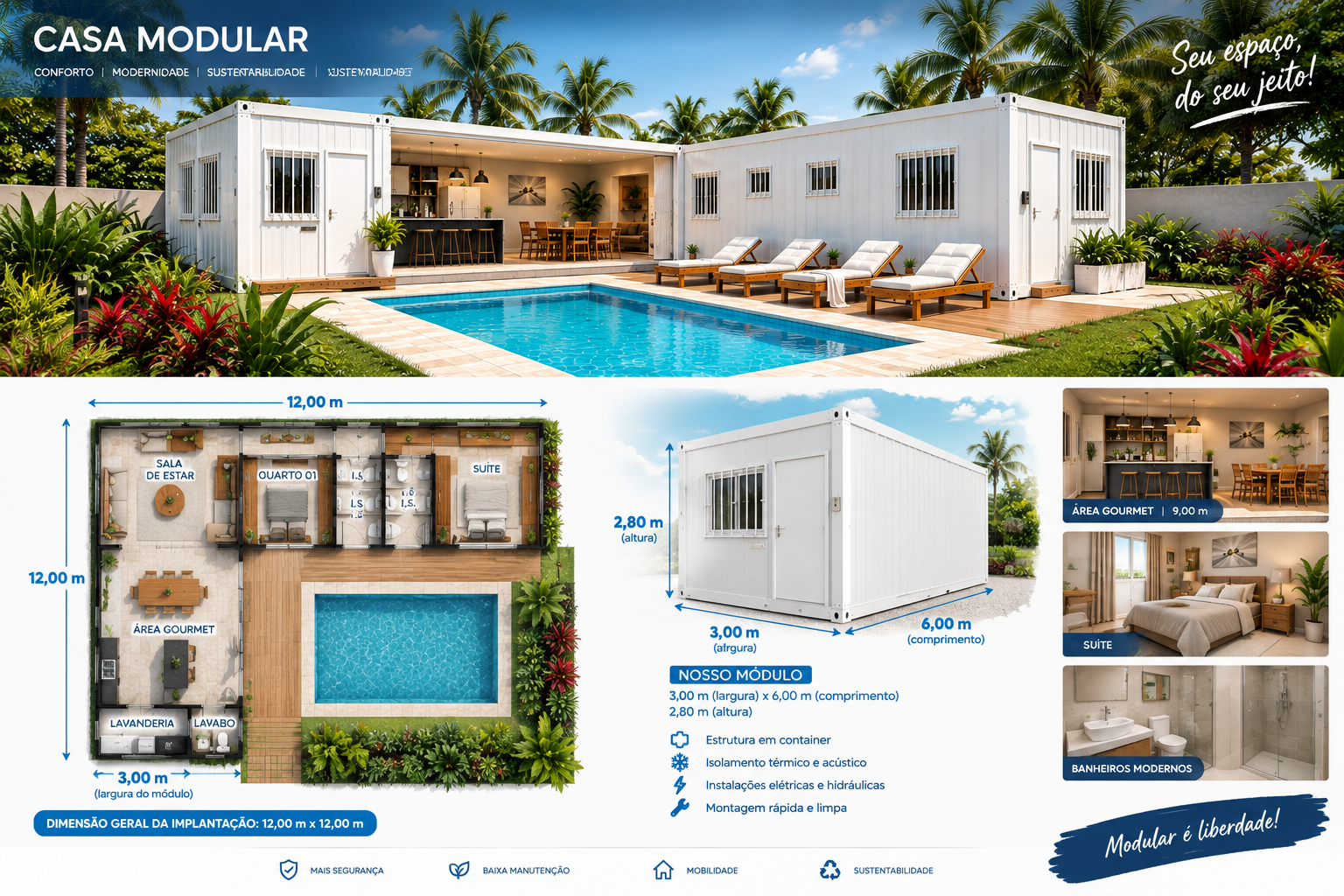 Infográfico do projeto: planta baixa 12x12 m, especificações do módulo de 3x6 m e ambientes internos do projeto