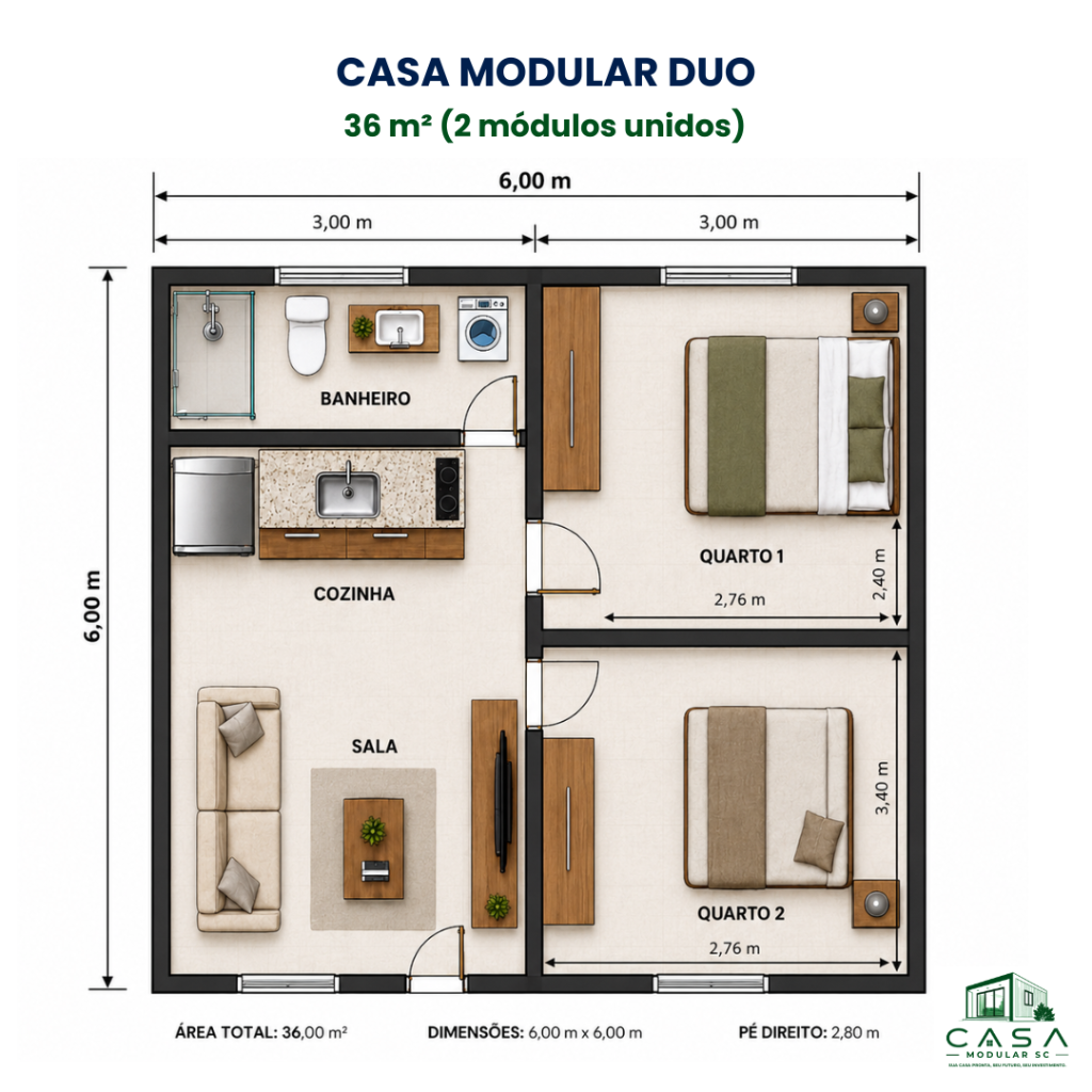 Casa Modular Duo 36 m² com dimensões de 6 x 6 metros