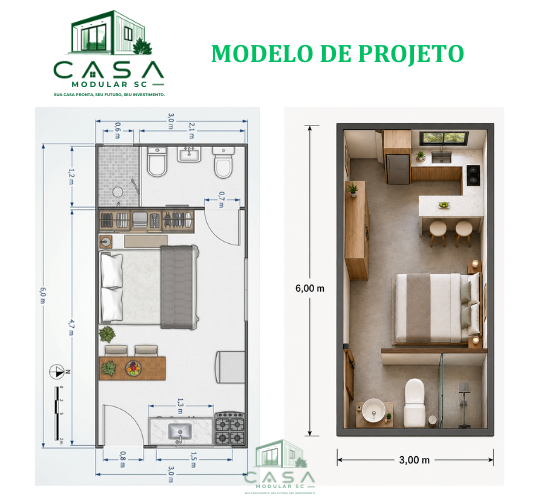 Planta baixa 2D e render 3D isométrico de casa modular 3x6 com medidas técnicas e móveis
