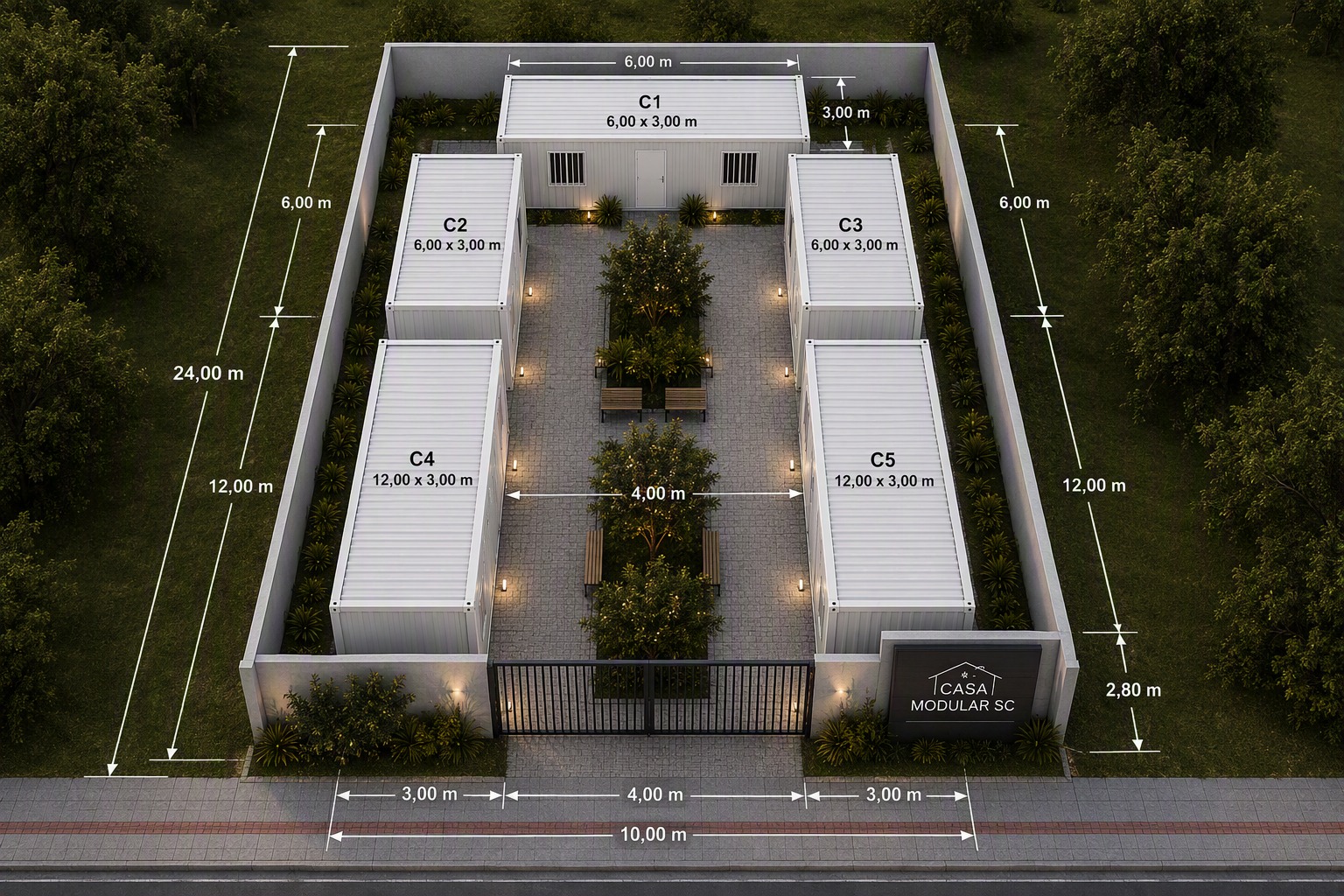 Perspectiva isométrica do projeto Vila Modular finalizado