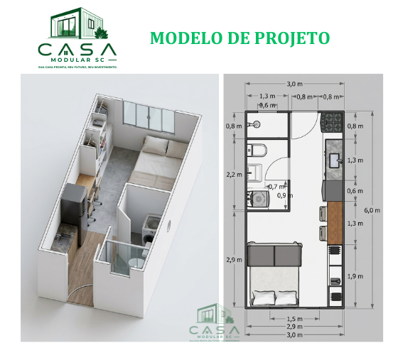 Planta baixa técnica 2D com dimensões de casa modular 3x6 metros mostrando quarto, cozinha e banheiro