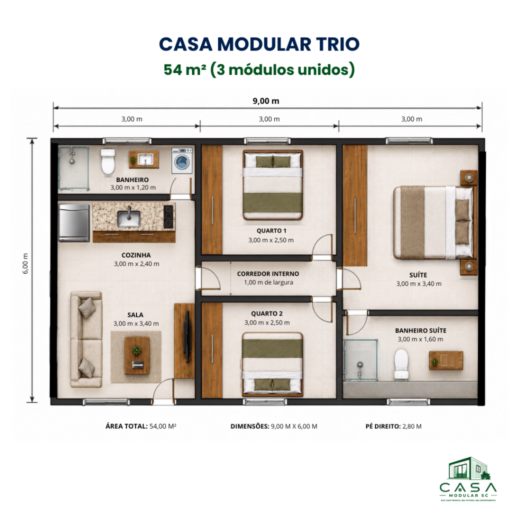 Casa Modular Trio Premium 54 m² com dimensões de 9 x 6 metros