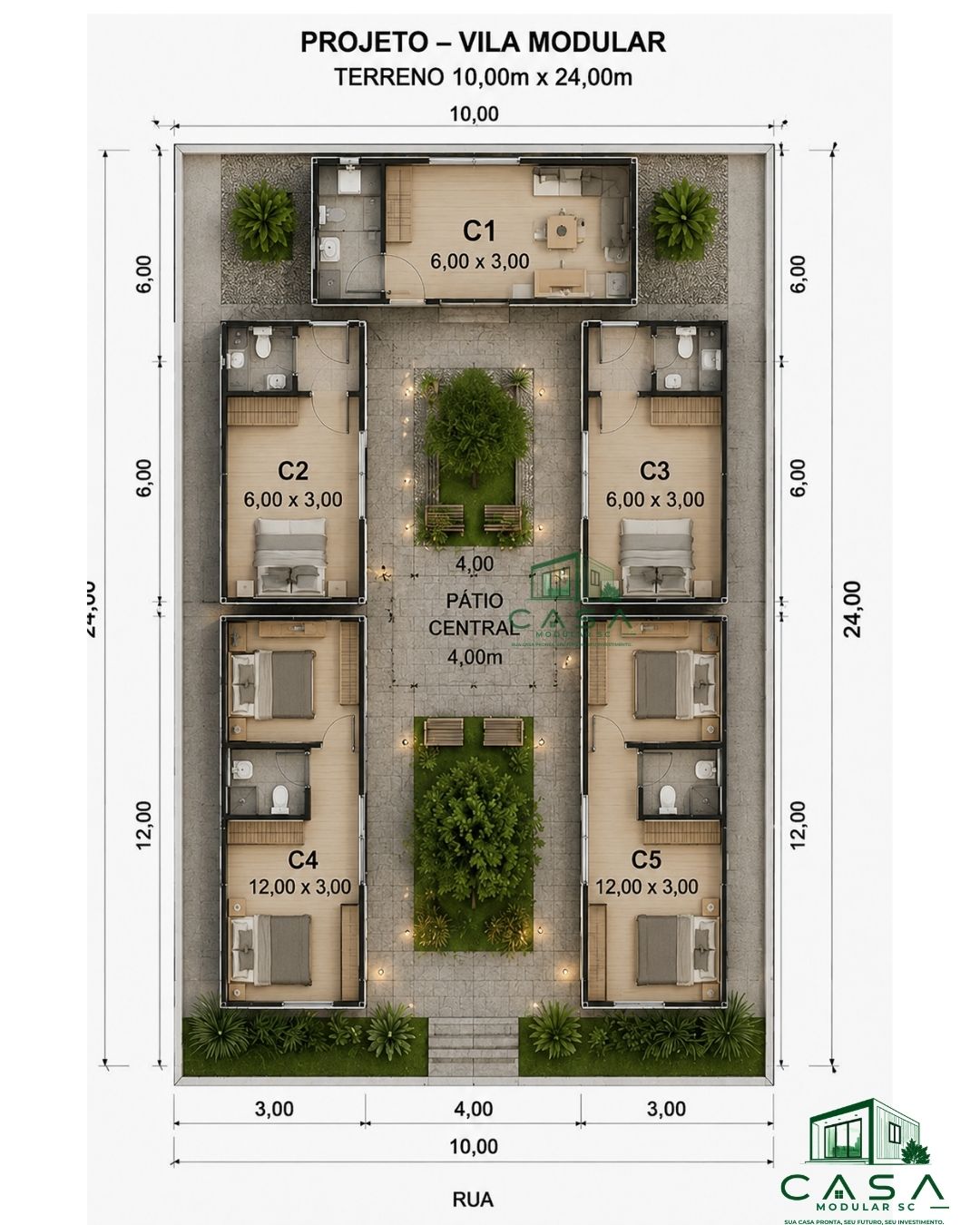 Planta baixa do projeto com 5 módulos (C1 a C5) e pátio central em terreno 10x24
