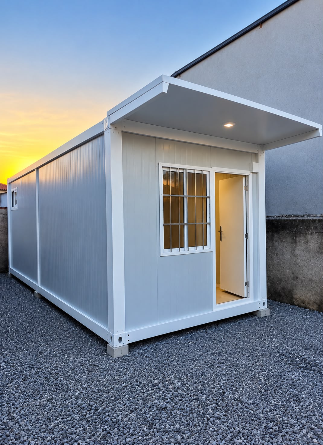 Casa modular de um pavimento ao entardecer, com isolamento térmico e acústico, porta e janela instaladas