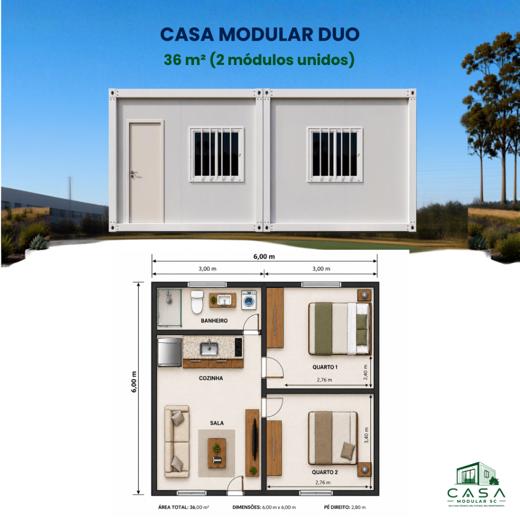 Casa Modular Duo 36 m² - Fachada e planta baixa