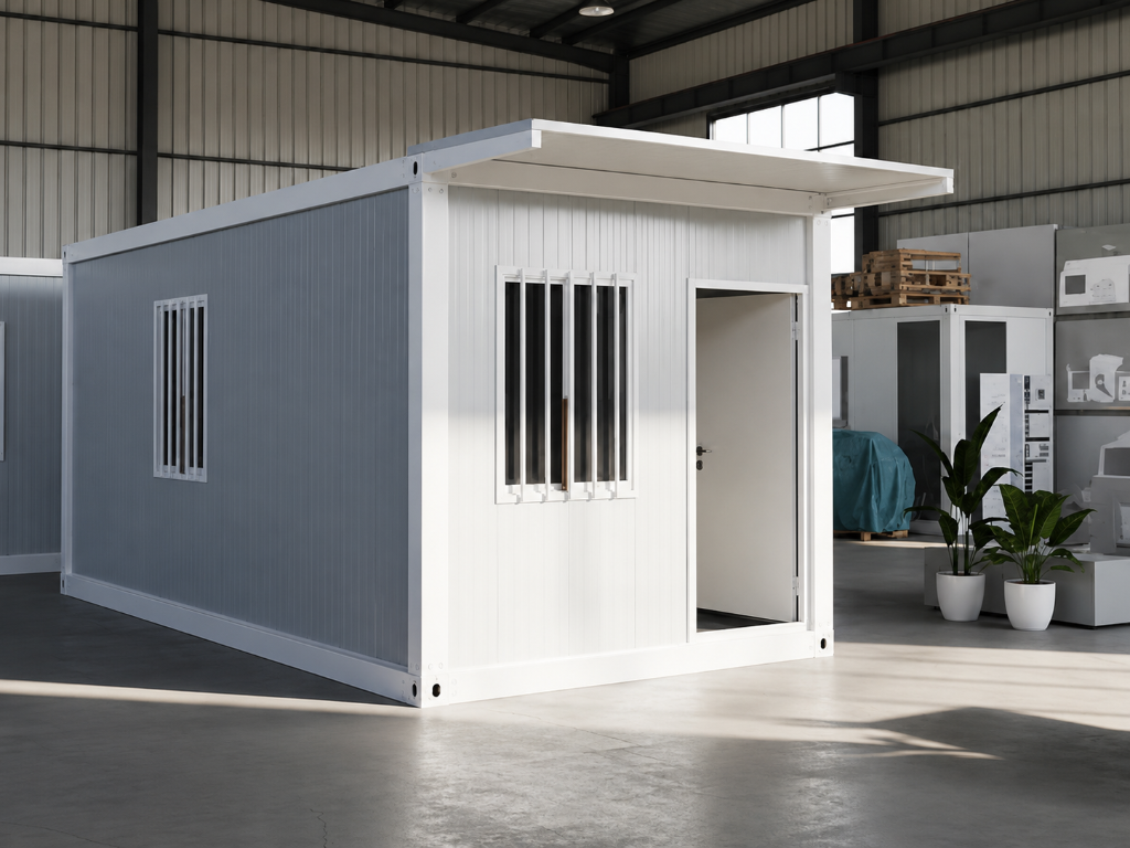 Módulo habitacional de estrutura metálica branca com isolamento térmico, em ambiente industrial de fabricação