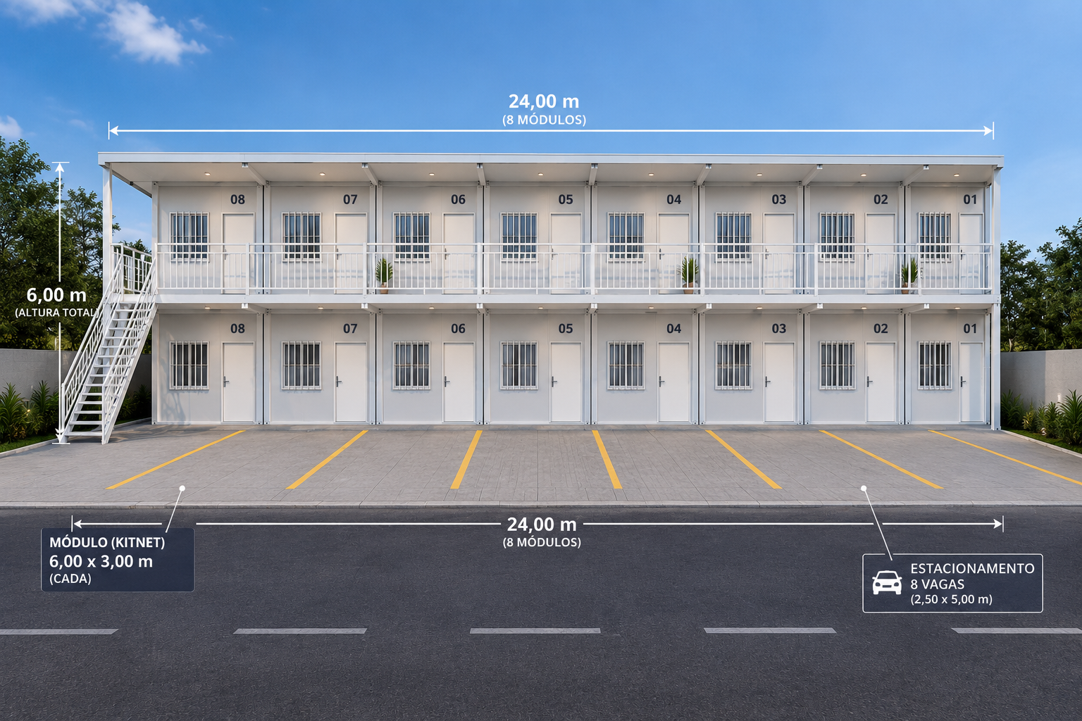 Vista lateral de edifício modular com unidades repetidas para locação e estacionamento demarcado