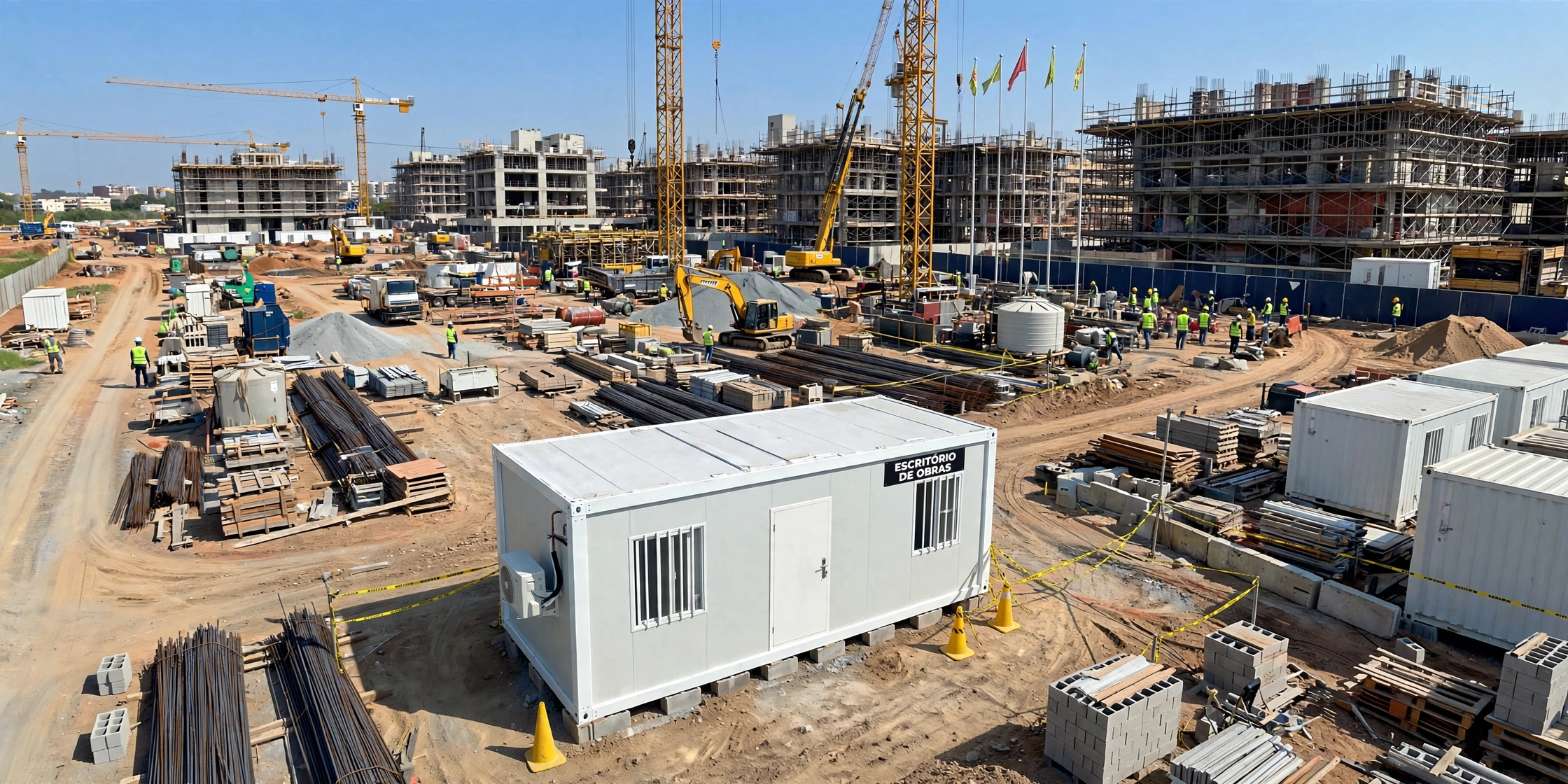 Escritório de obras modular branco instalado em canteiro de obras, cercado por faixa de segurança e cones