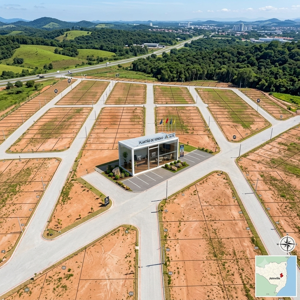 Vista aérea de loteamento em Joinville com escritório de vendas modular branco e vegetação ao redor
